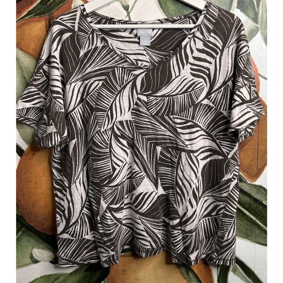 Chicos Size 2 Large Brown Printed V Neck Short Sleeve Linen Blouse - Picture 1 of 6